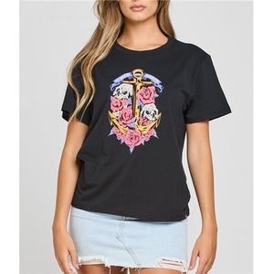 SKULLS AND ROSES WOMENS SS TEE - BLACK