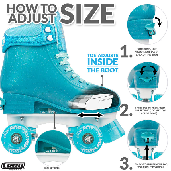 GLITTER POP TEAL SIZE ADJUSTABLE ROLLER SKATES