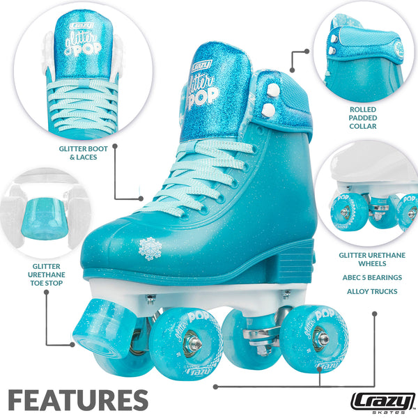 GLITTER POP TEAL SIZE ADJUSTABLE ROLLER SKATES